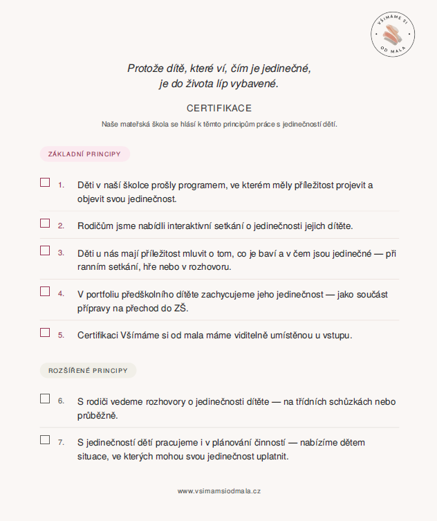 Ukázka certifikace Všímáme si od mala
